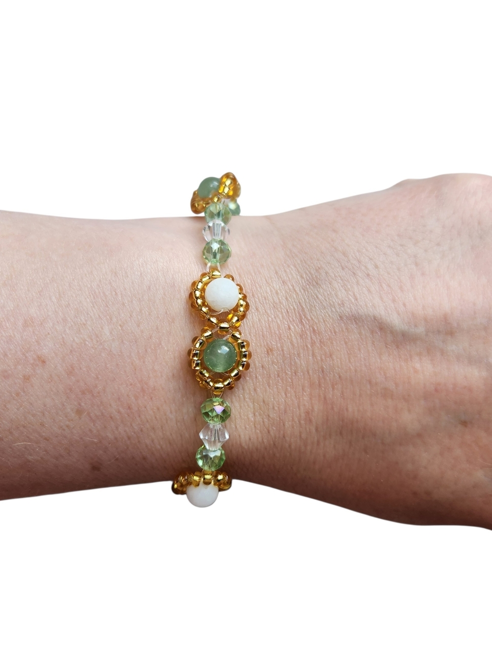 Gold-Tone Green Aventurine & White Jade Beaded Bracelet - Picture 1 of 3